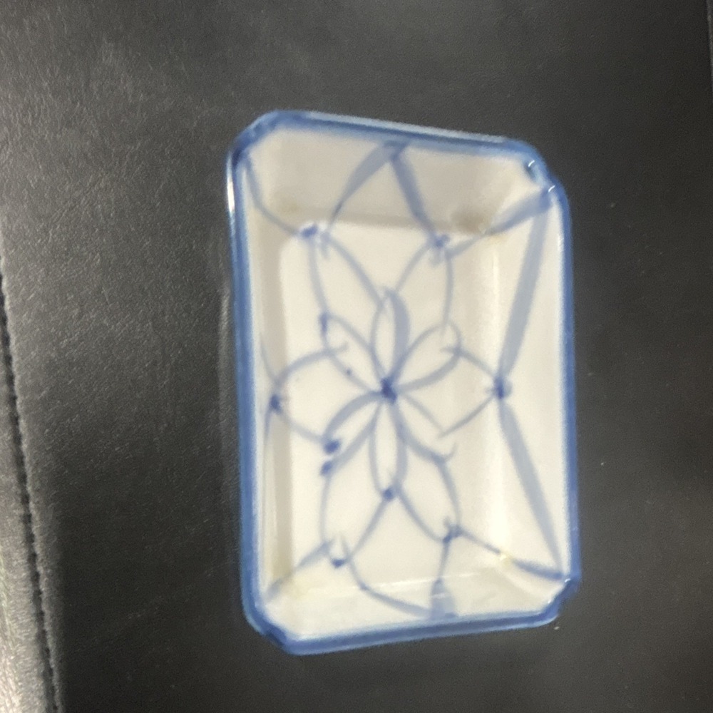 Blue & White Geometric Rectangle Ceramic Dish, Glossy Finish, 1 Compartment